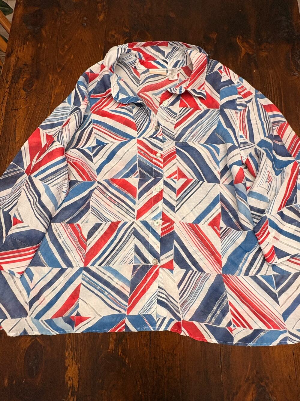 Alfred Dunner Woman Plus Size 22W Red White Blue Geometric Button Front Blouse